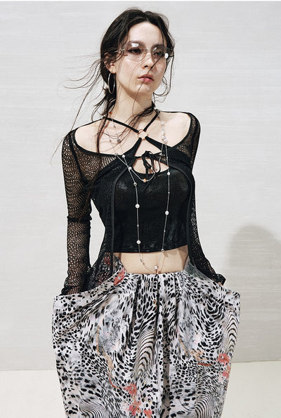 Lace Metallic Cross-strap Top+Cardigan OFA0270