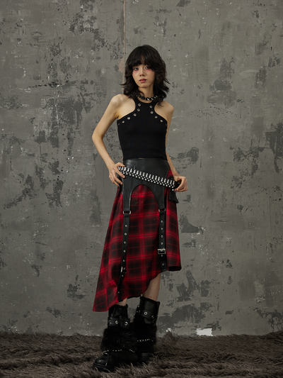 Dark Punk Street Rock Splicing A-line Black And Red Plaid Skirt FRU0032