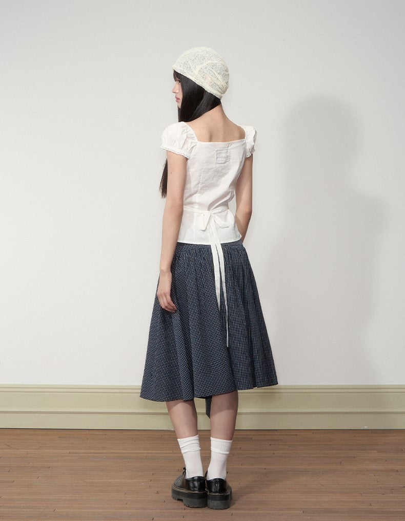 Navy Blue Plaid Bow Midi Skirt SOO0003