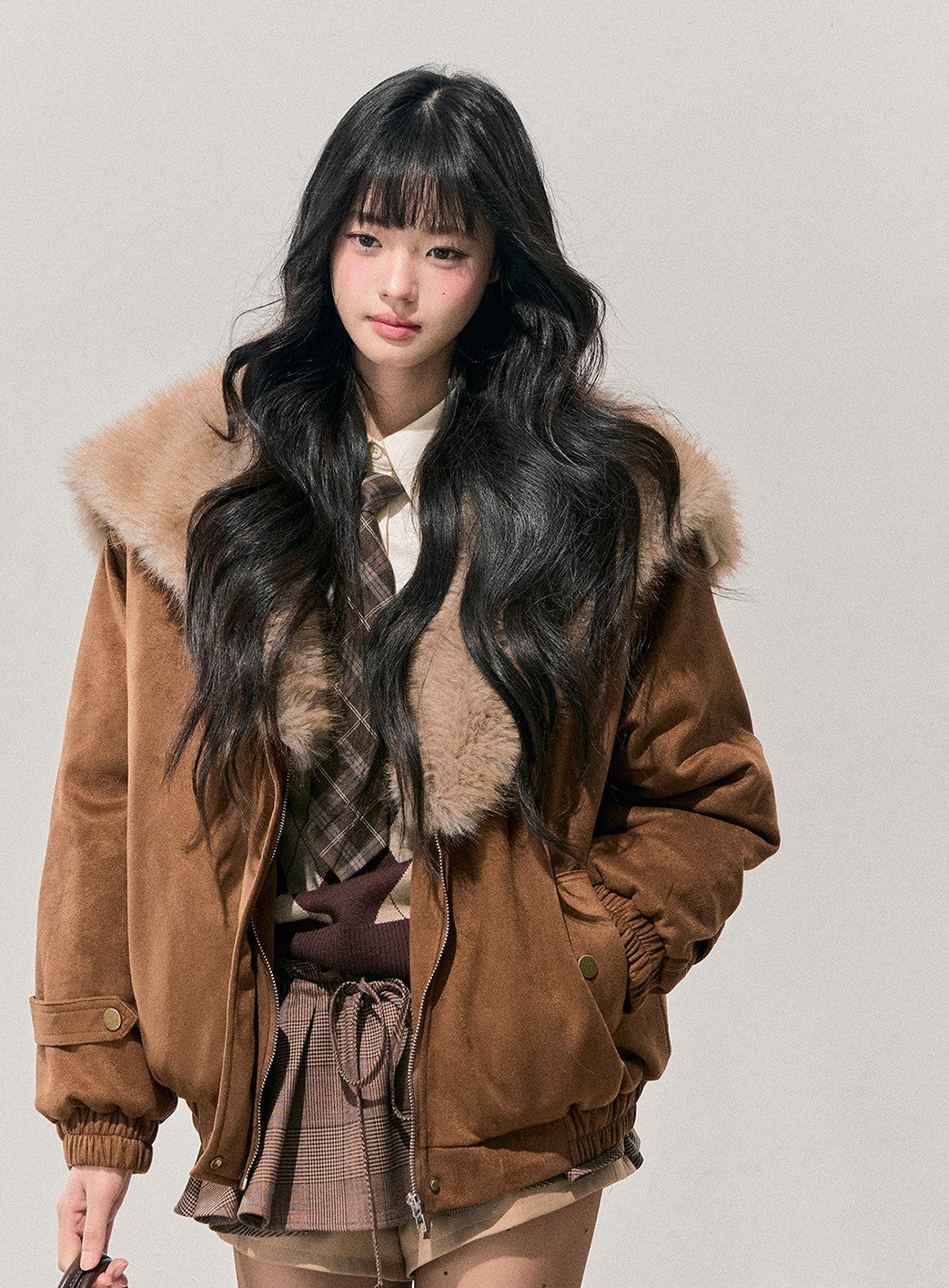 Brown Quilted Thick Detachable Fur Collar Jacket DIA0743