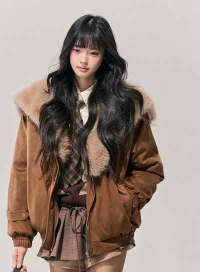 Brown Quilted Thick Detachable Fur Collar Jacket DIA0743