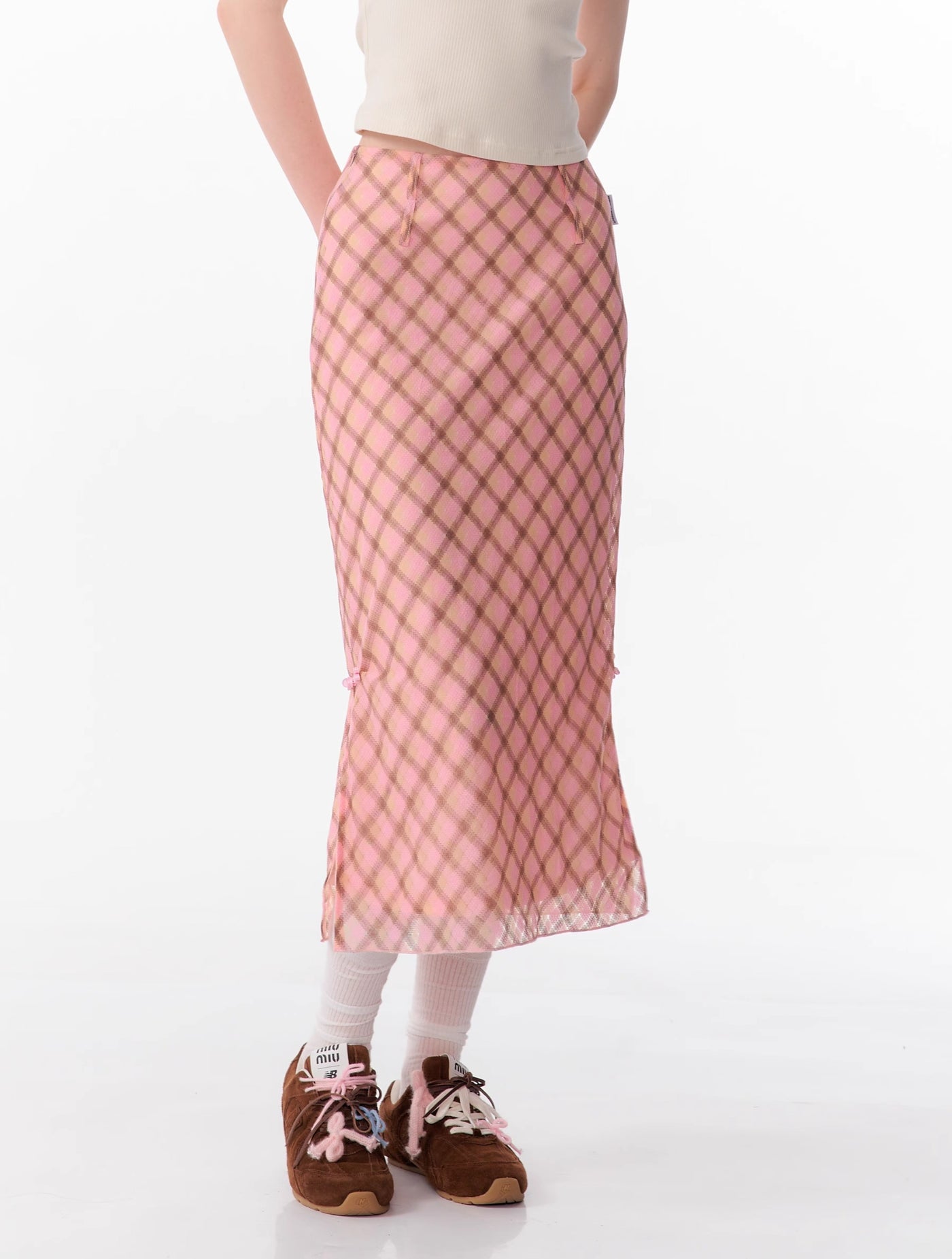 American Retro High Waist Pink And Brown Plaid Fishtail Mid-length Skirt ZIZ0106