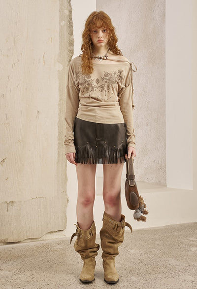 Tassel Leather Black Skirt DID0238