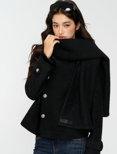 Black Furry High-Neck Short Jacket/Scarf 4MU0165