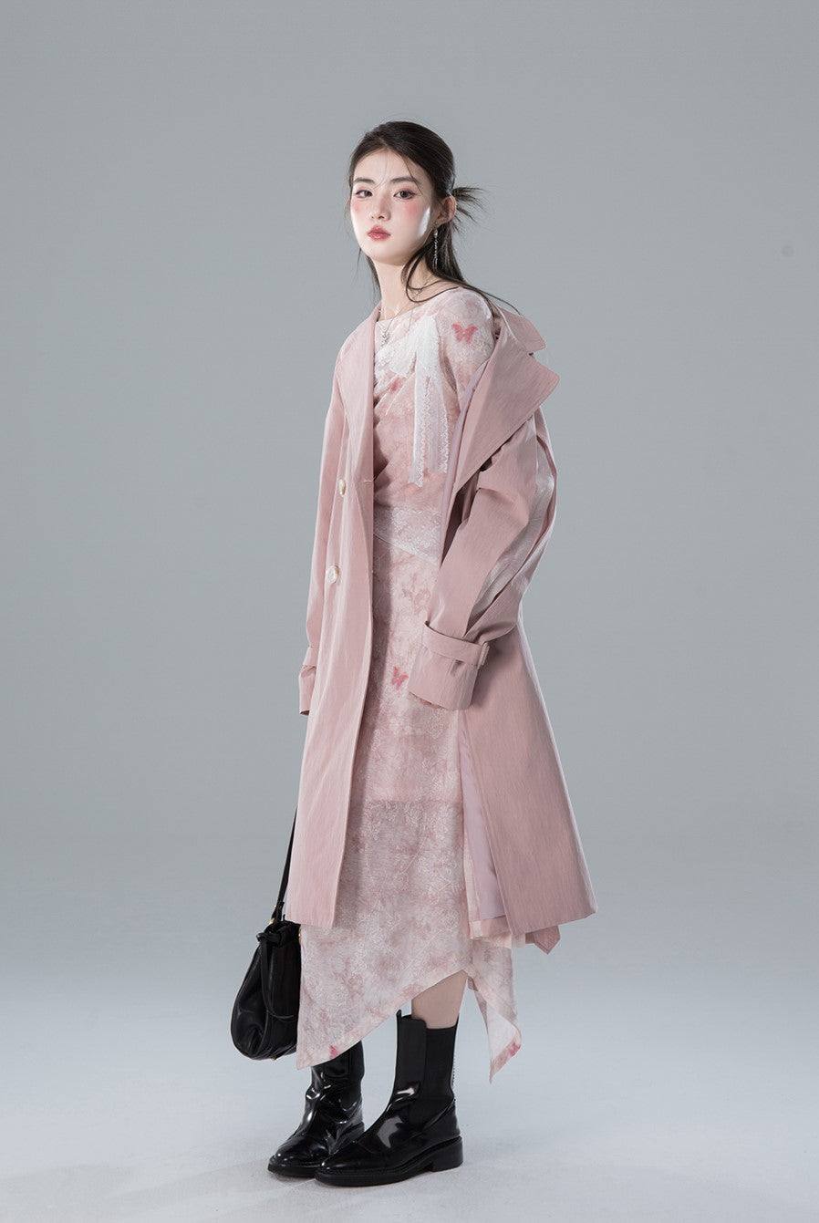 High-sense Lady Buitengewoon Roze Patchwork Raglan Mouwen Trench Coat COT0155