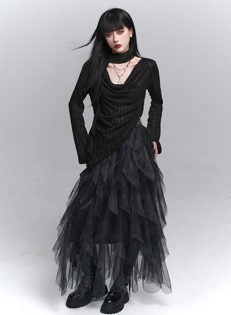 Irregular Mesh Cake Long Skirt LAD0223