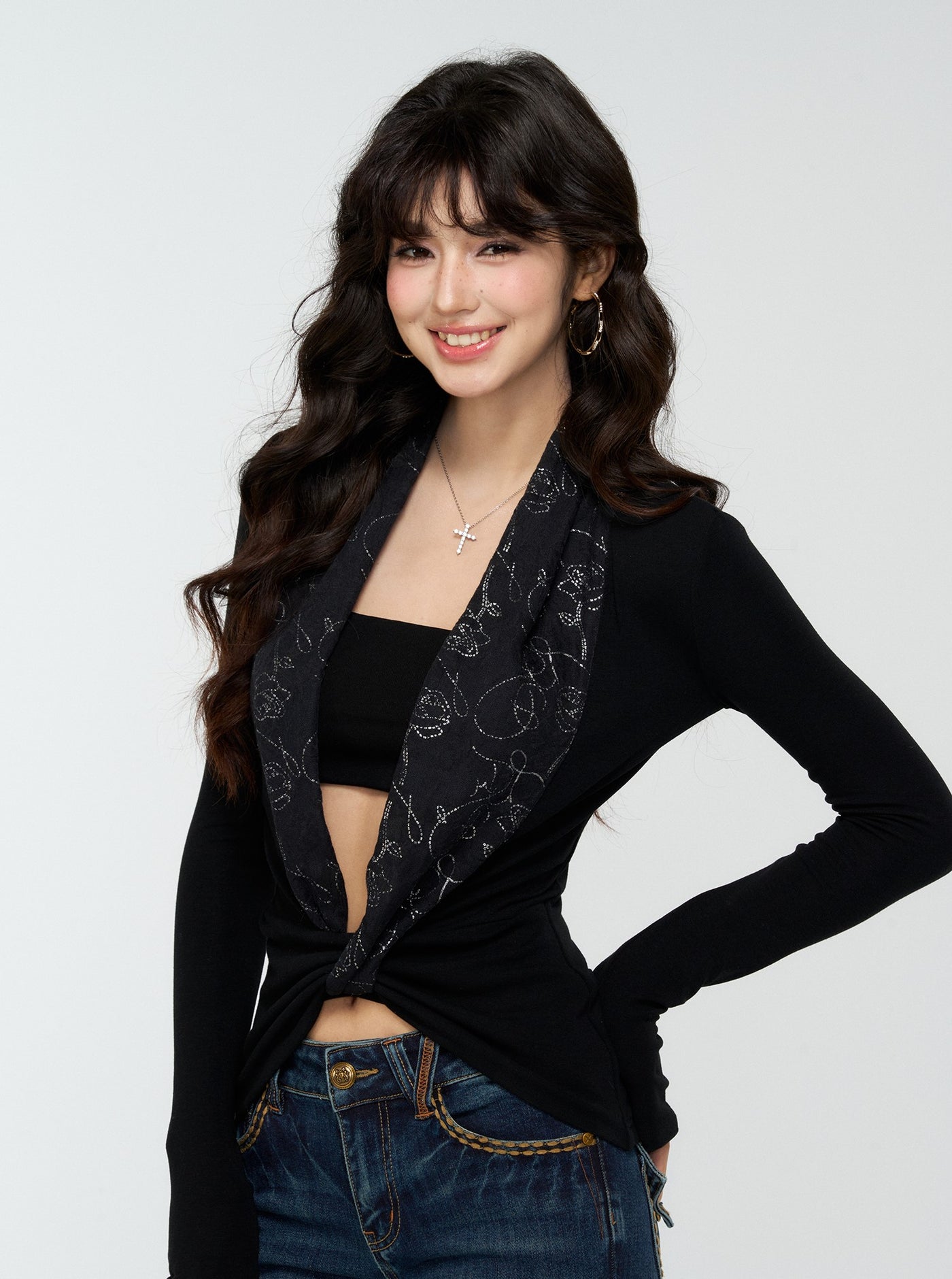 Large V-neck Slim Long Sleeve T-shirt+Tube Top 4MU0178