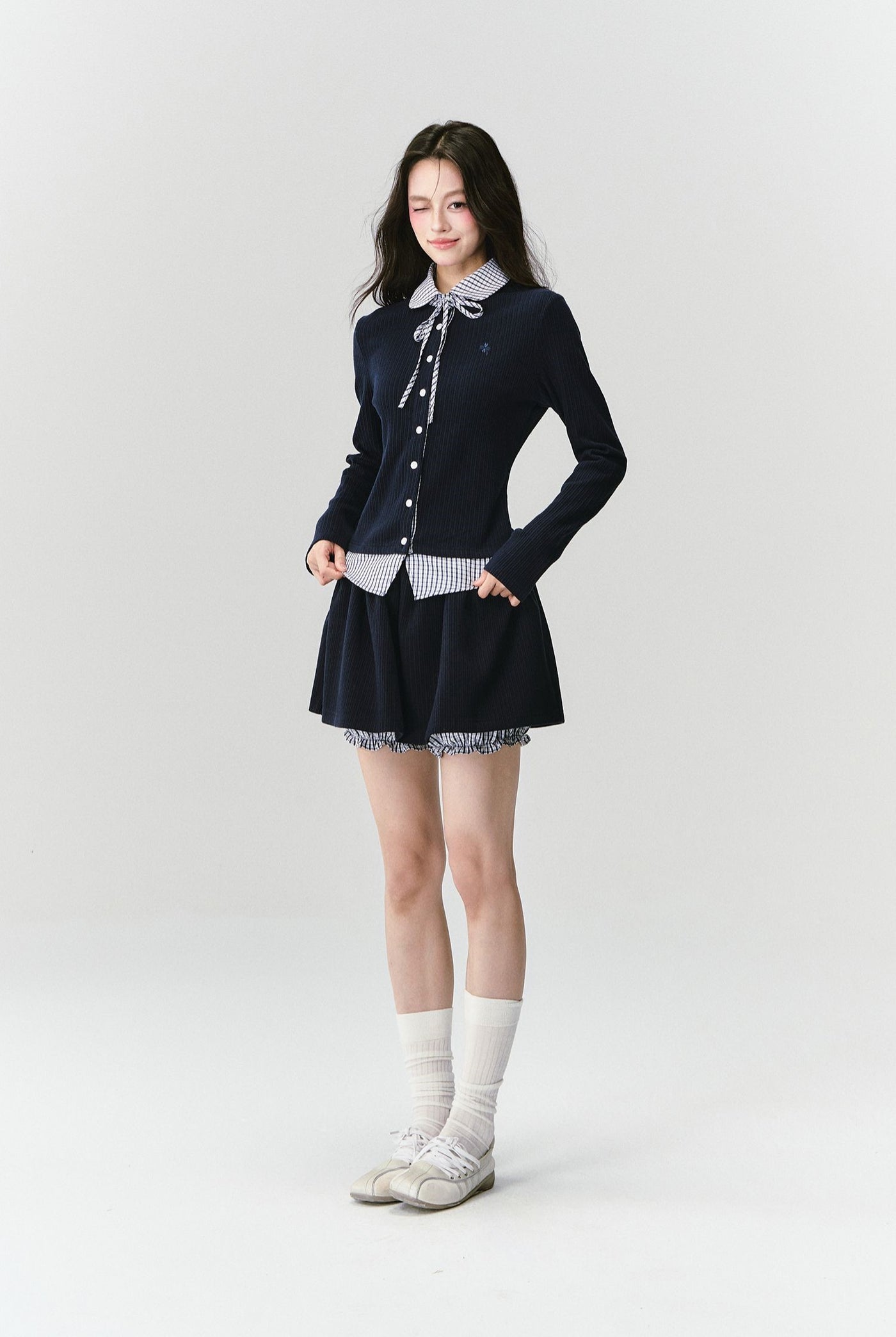 Plaid Collar Knitted Top/Skirt FRA0418