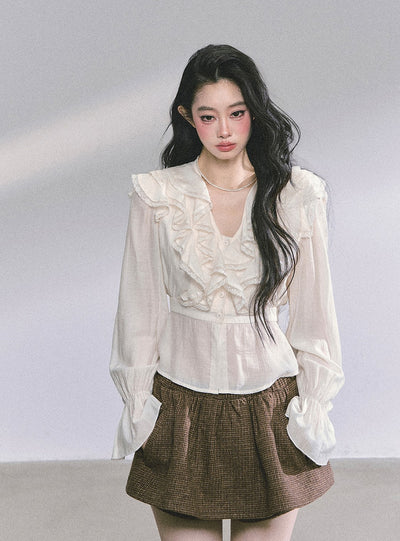 French V-neck Lace Ruffled Shirt DIA0587