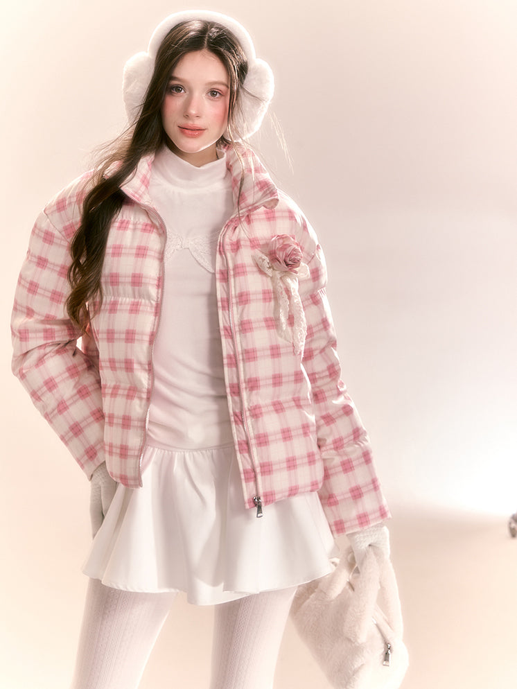 Stand Collar Plaid Short Down Bread Jacket QDQ0102