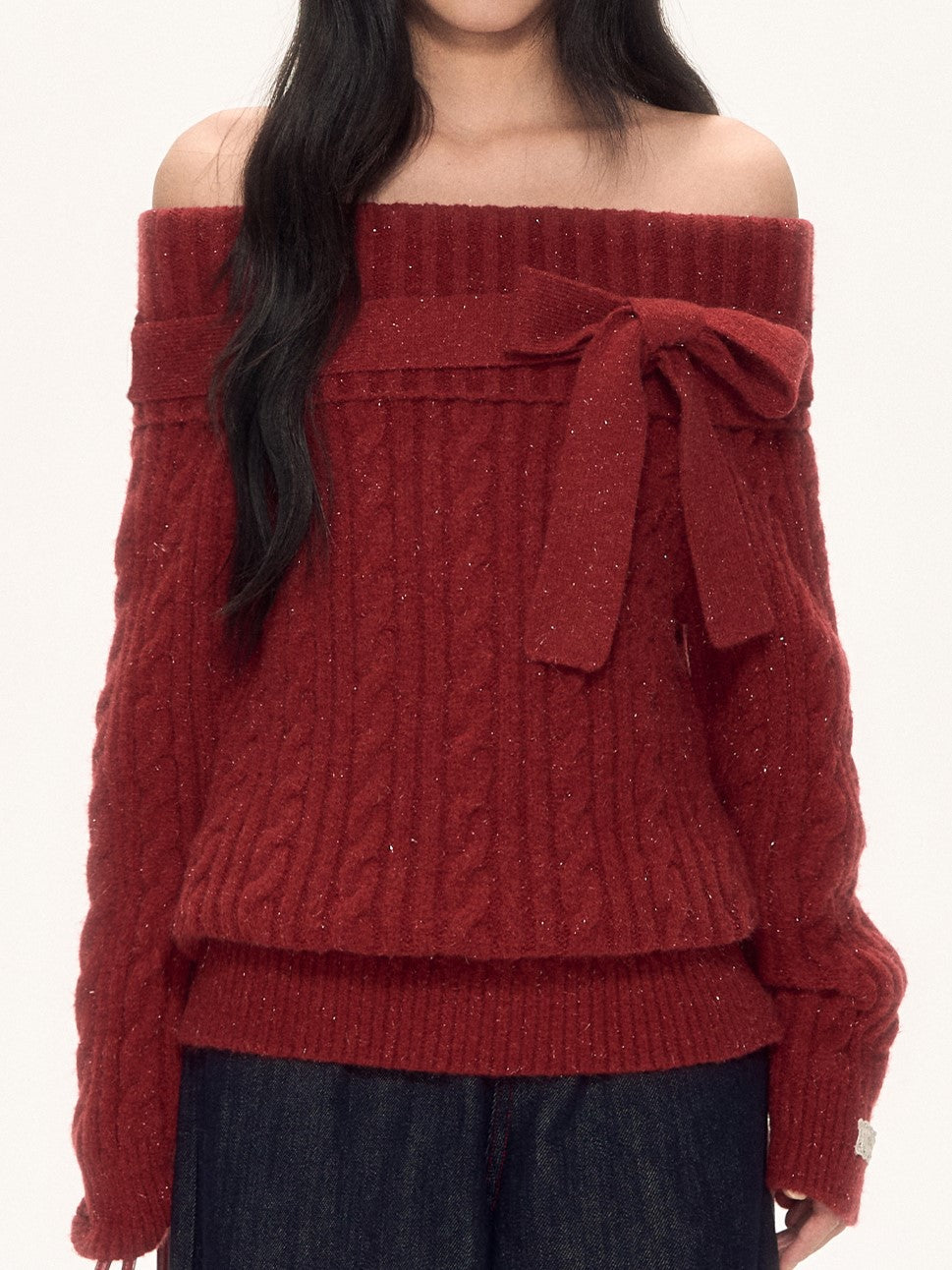 Red Off-Shoulder Bow Sweater WEE0088