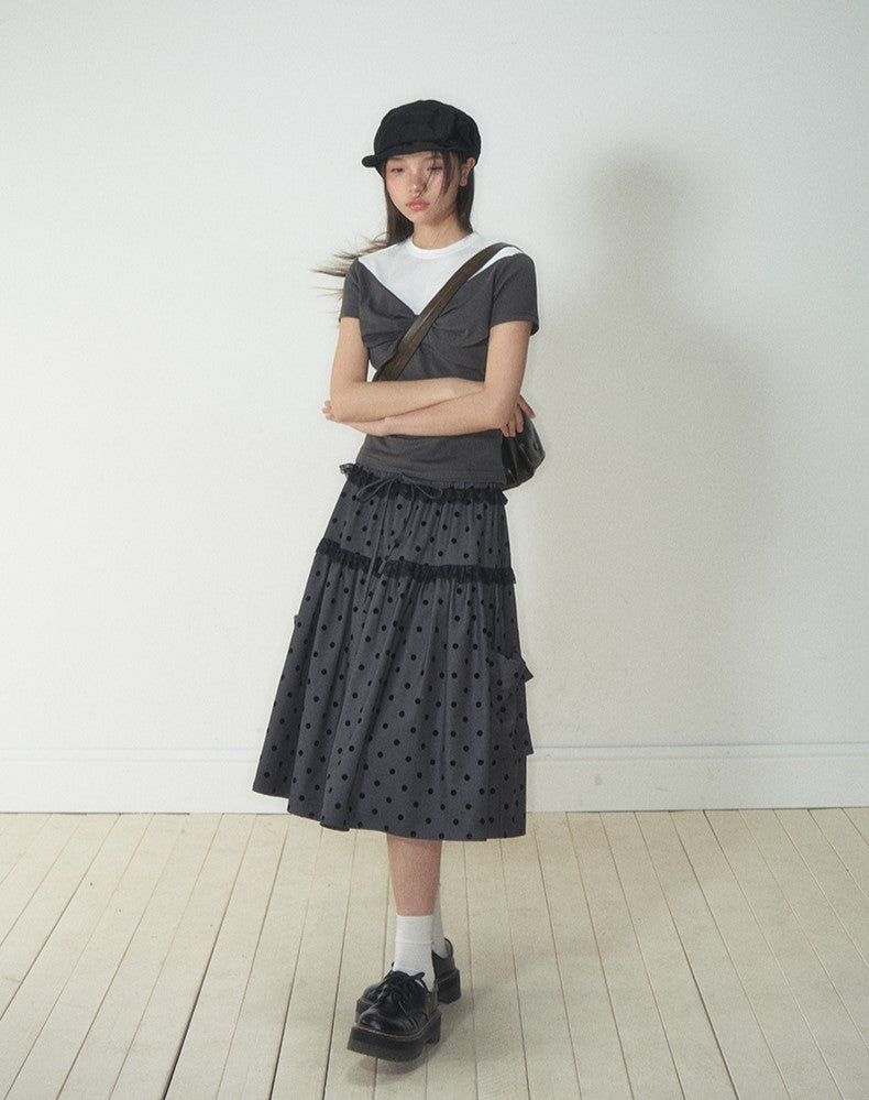 Gray Polka Dot Pocket Midi Skirt SOO0013