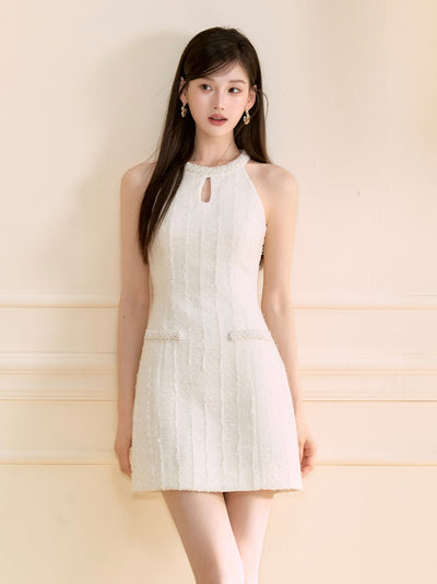 White Halter Neck Beaded Dress OSH0134
