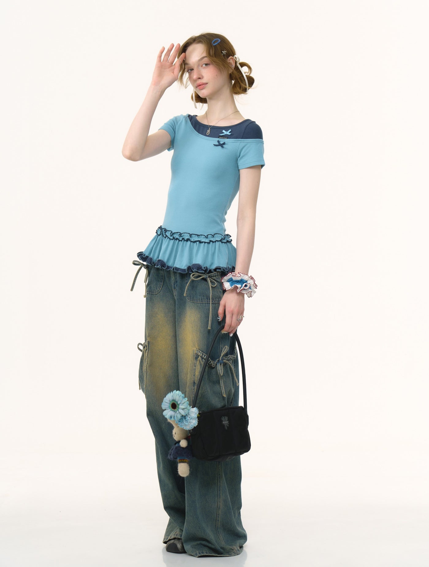 Fake Two-piece Bow Lace Hem T-shirt ZIZ0246