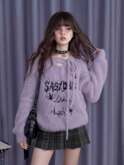 Fluffy Purple Rabbit V-neck Imitation Mink Loose Sweater SAG0198