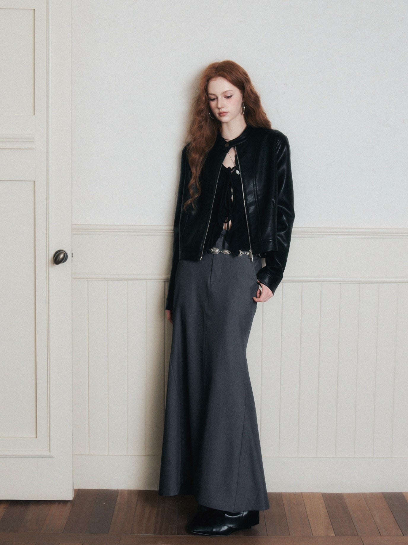 Stand Collar Black Leather Jacket LUL0173