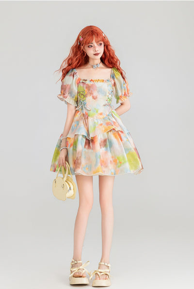 Holiday Painting Style Satin Princess Dress KEI0159