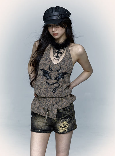 Punk Street Rock Embroidery Leopard Print Halter Vest NOR0067