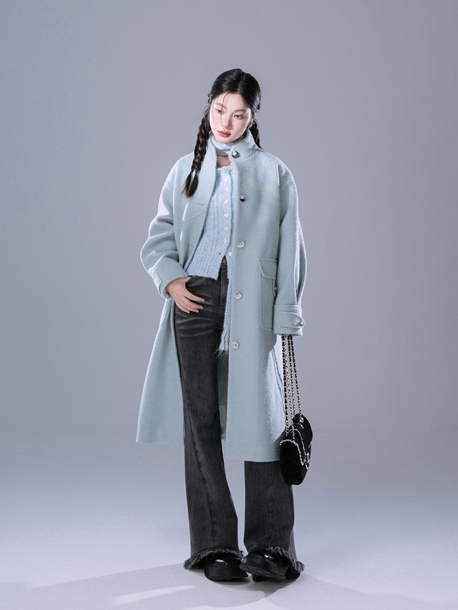 Skyblue Stand Collar Wool Long Coat COT0168