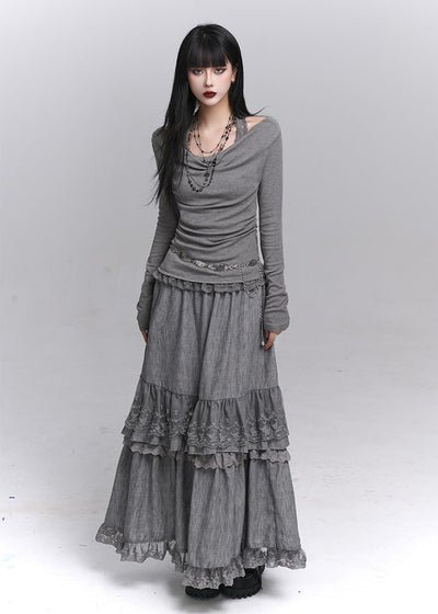 Off-Shoulder Long Sleeve Halter Neck Top LAD0231