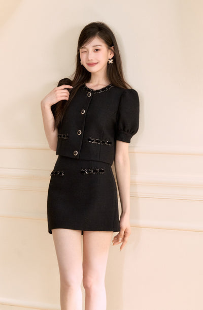 Black Puff Sleeves Short Jacket/Skirt OSH0148
