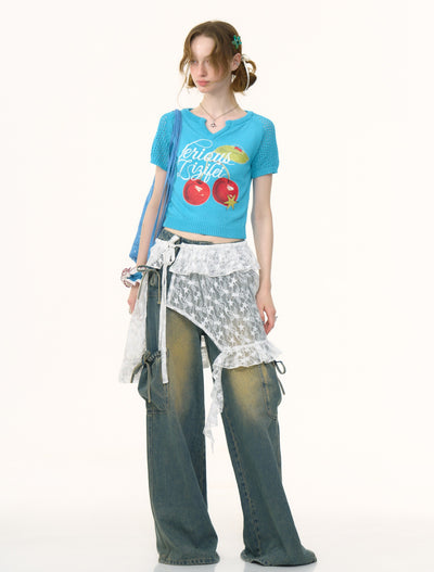 Cherry Print V-neck Short Knit ZIZ0261