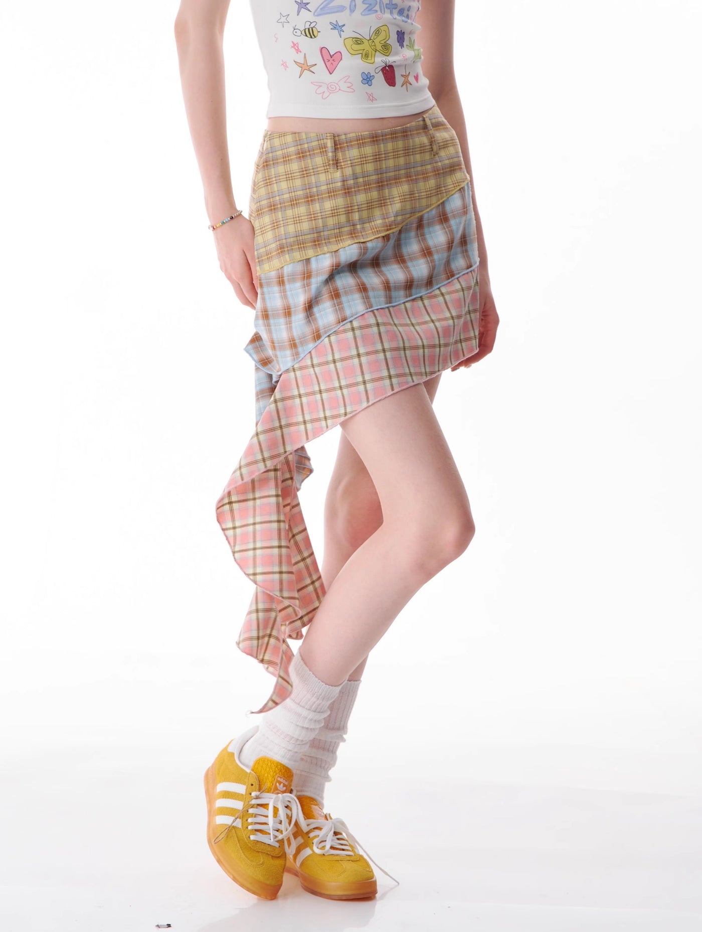 Summer Plaid Design Irregular Contrast Color Stitching Short Skirt ZIZ0125