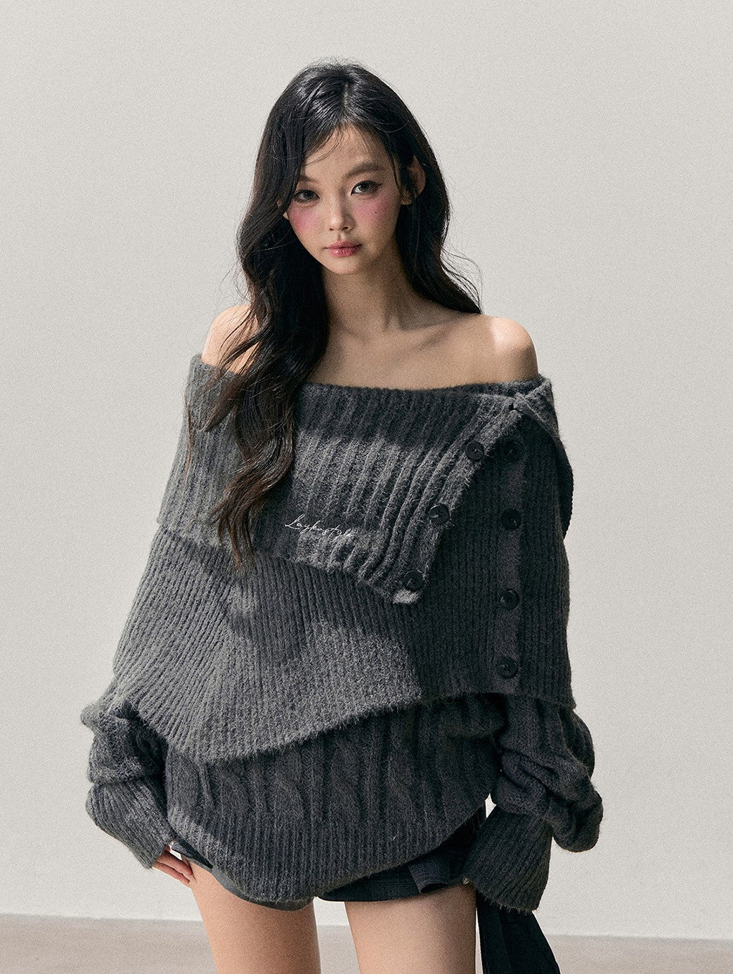 Gray Off-Shoulder Loose Sweater DIA0723