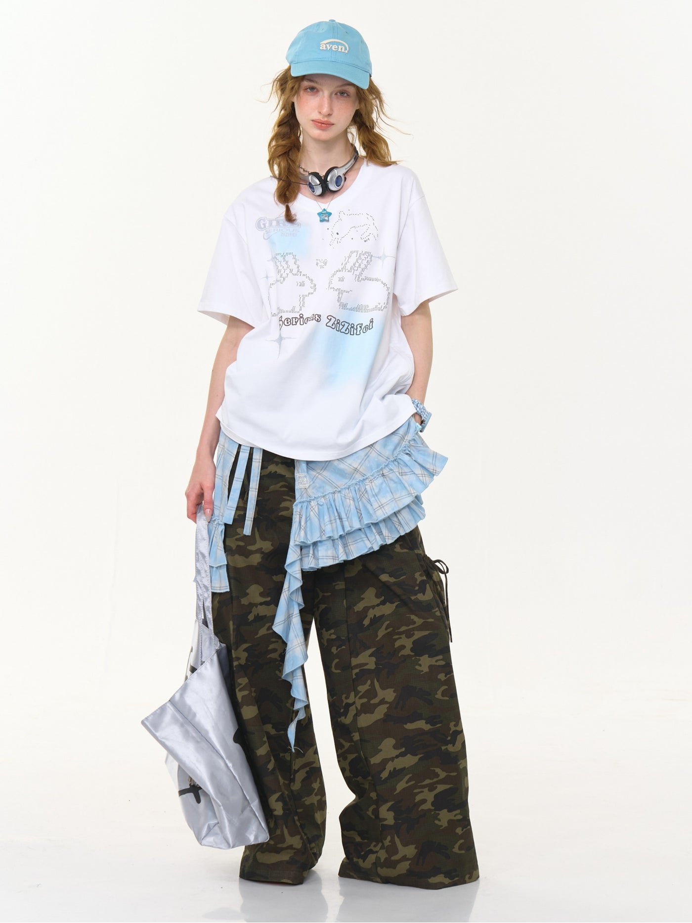 Drawstring Rabbit Print V-neck T-shirt ZIZ0268