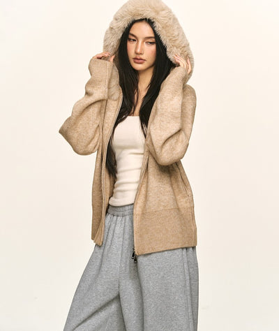 Double Zipper Large Fur Collar Knit Cardigan ANA0094