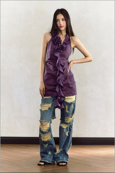 Rose V-neck Ruffled Purple Sleeveless Short Dress AGM0059