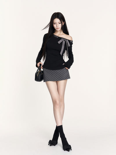 Grey Polka Dot Bow Short Skirt VOC0430