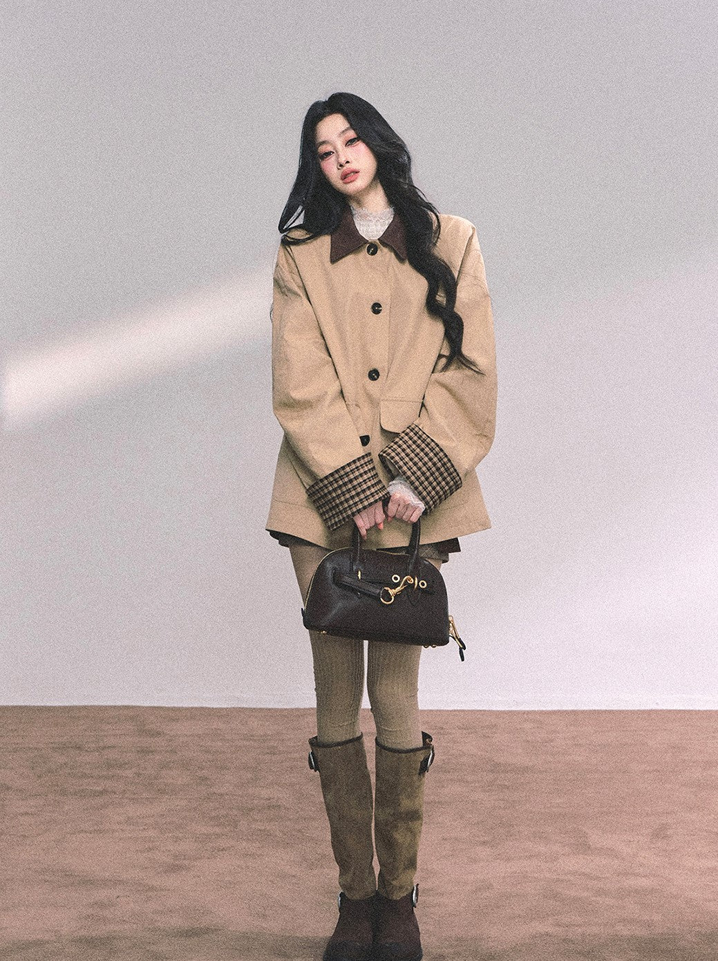 British Style Polo Collar Plaid Jacket DIA0656