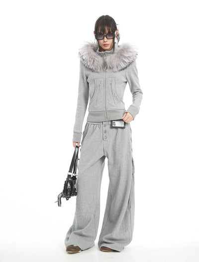 Fur Collar Hooded Sweatshirt Jacket/Pants UNC0326
