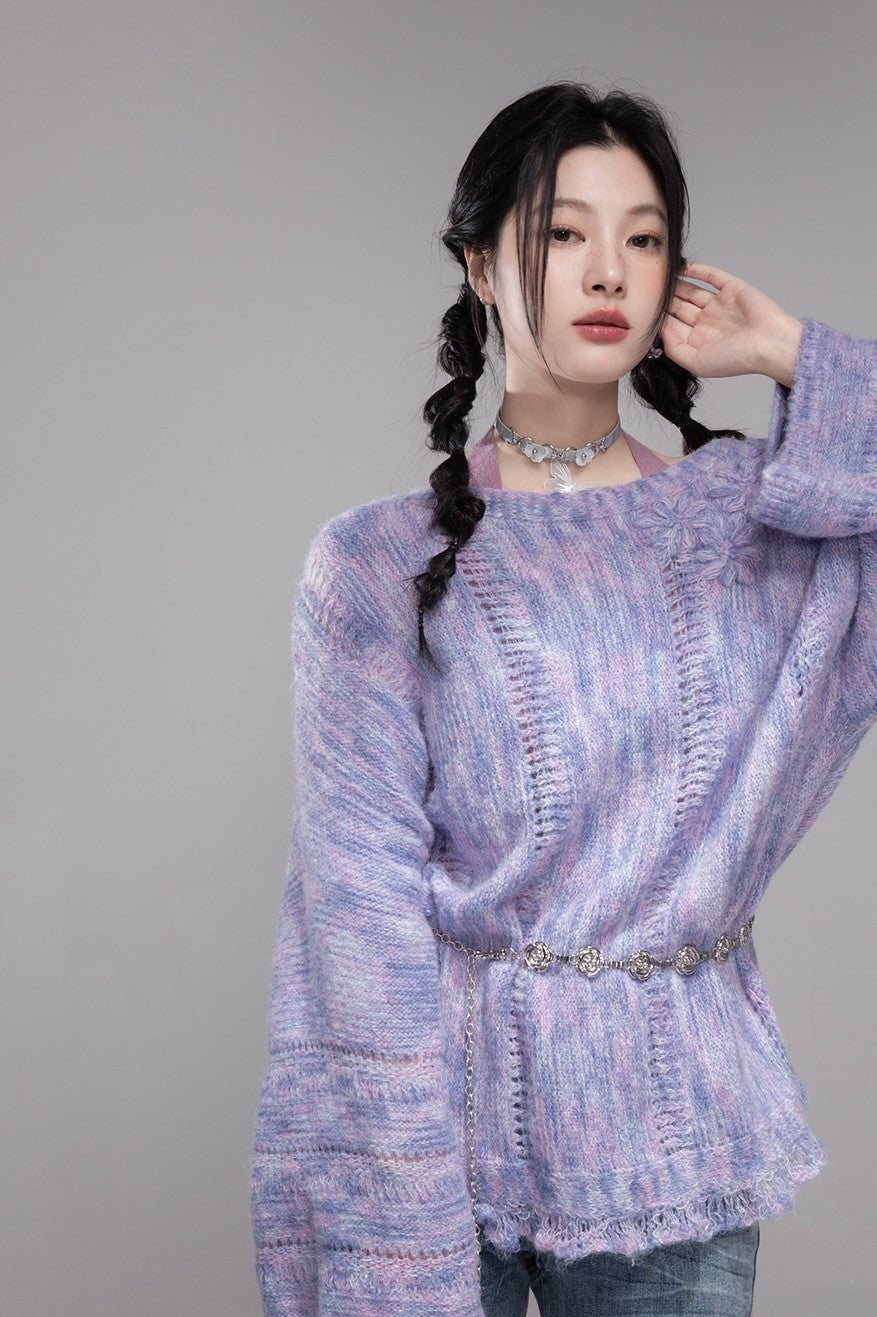 Purple Flower One Shoulder Sweater COT0363