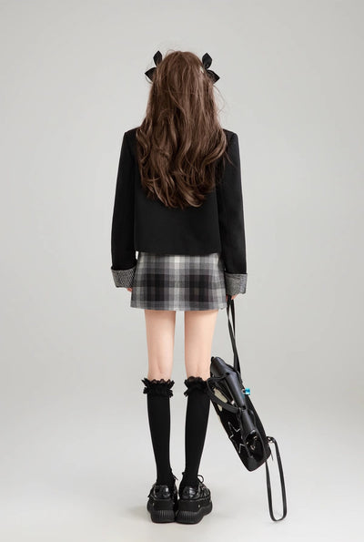 Bow Tie Short Jacket/Black Slit Long Skirt/Plaid Short Skirt KEI0184