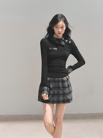 Black Plaid Collar Top/Plaid Short Skirt DIA0757