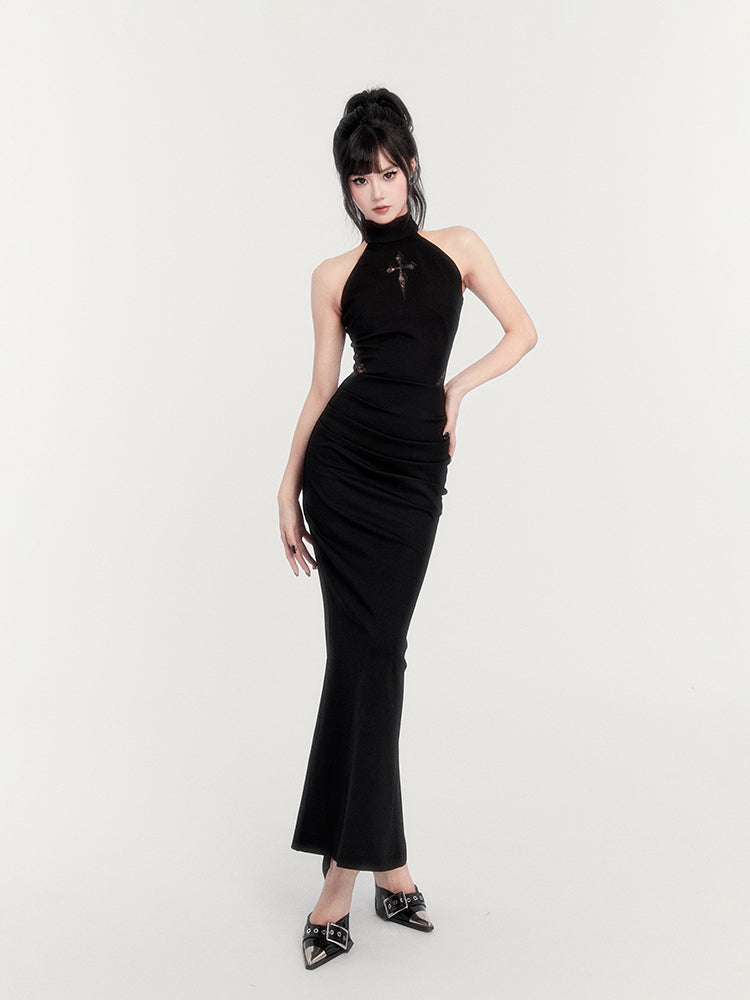 Dark Hollow Cross Halter Neck Long Dress VOC0271