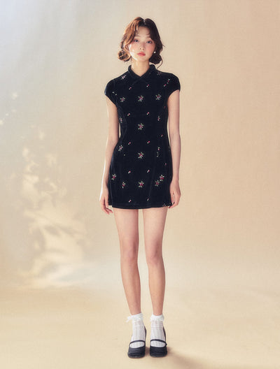 Black Embroidered Velvet Dress SUN0054