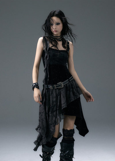 Retro Palace Dark Punk Irregular Velvet Splicing Suspender Dress NOR0131