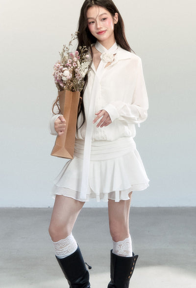 Chiffon Ruffled Hem Shirt Dress FRA0450