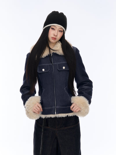 Retro Design Fur Patchwork Short Denim Jacket CUR0185