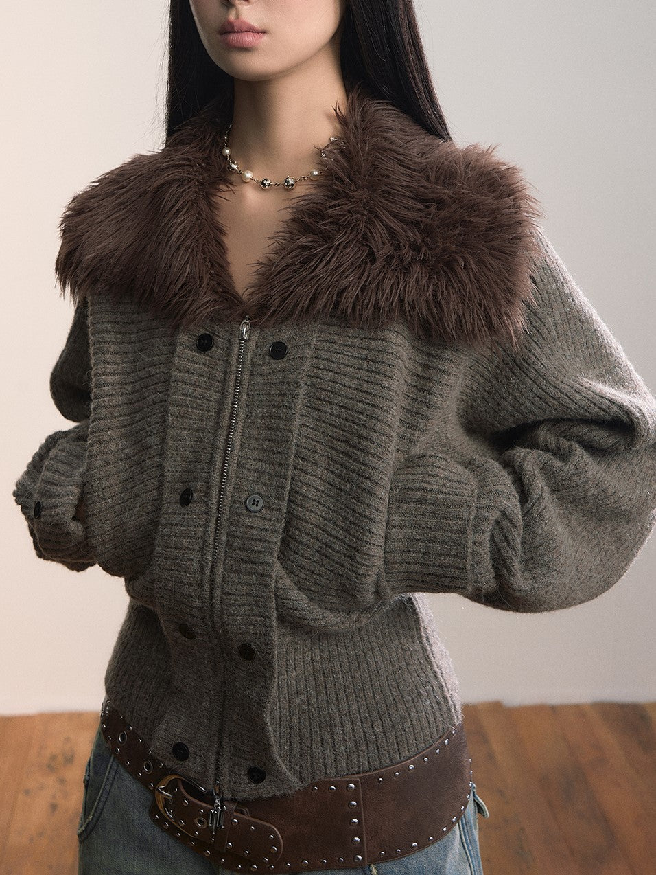 Fur Collar Wide-Sleeve Sweater Cardigan VIA0364