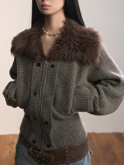 Fur Collar Wide-Sleeve Sweater Cardigan VIA0364