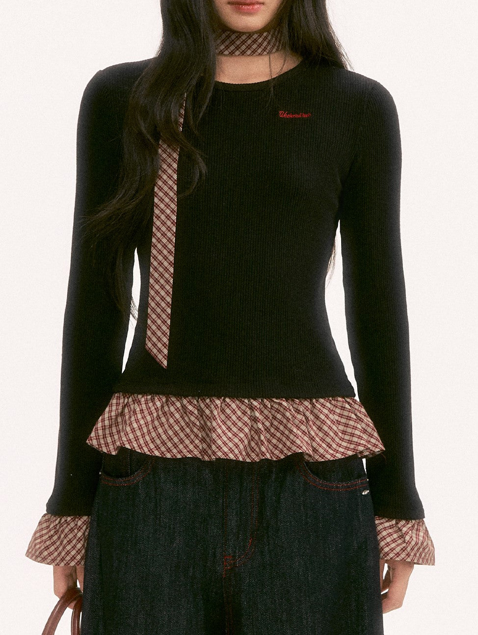 Plaid Tie-Waist Ruffled Long-Sleeved Sweater WEE0133