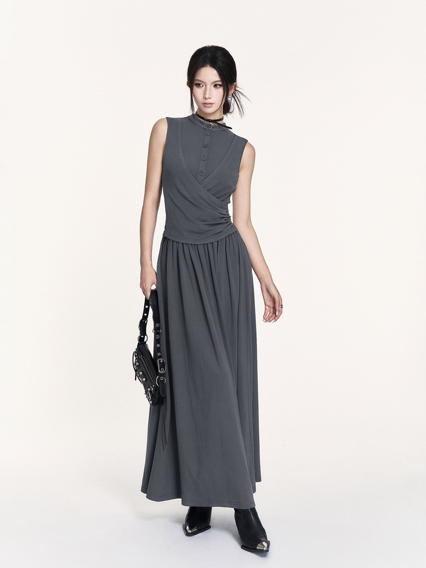 Stand Collar Stretch Long Dress VOC0442