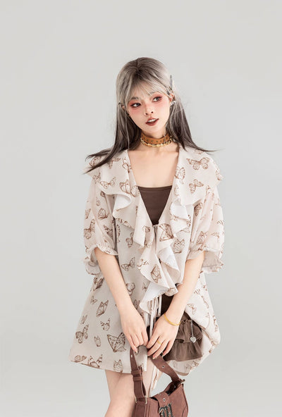 Butterfly Print Loose Lace Large Ruffled Chiffon Shirt/Plaid Skirt KEI0059