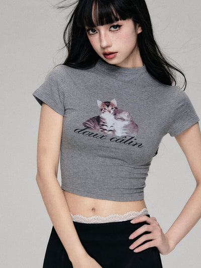 Funny Cat Printed Straight Shoulder Short Sleeve T-shirt LUL0065