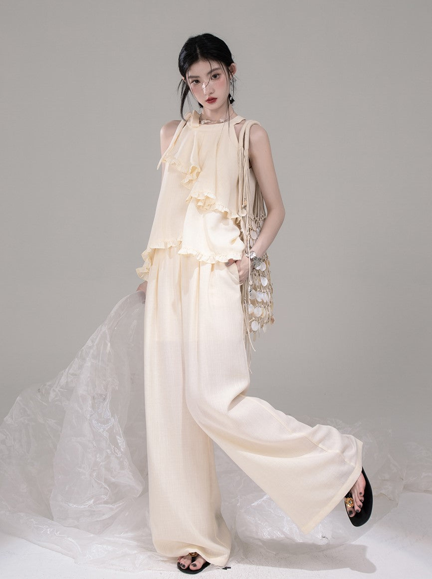 Irregular Halter Neck Ruffled Top/Pants COT0303