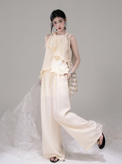 Irregular Halter Neck Ruffled Top/Pants COT0303